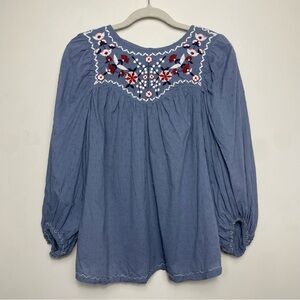 Max Studio embroidered smocked floral long sleeve blue top, size small